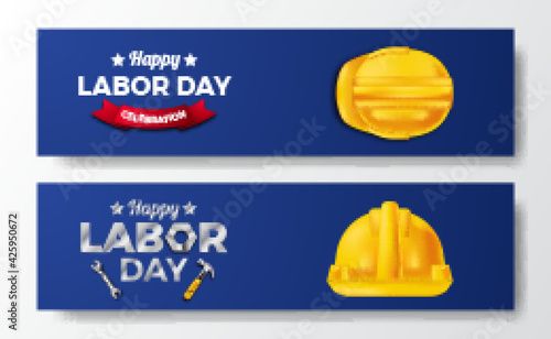 Happy labor day. international worker day. employee engineer with 3d safety yellow helmet with blue background.