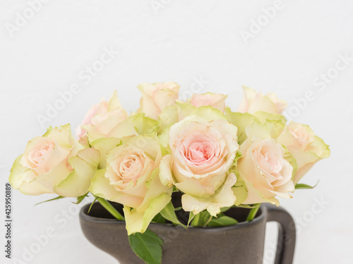 Close up of pale pink roses in dark brown. jug against white wall (selective focus)