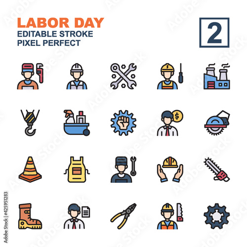 Icon set Labor day made with line color technique. Editable stroke and pixel perfect.