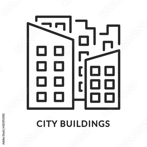 City buildings flat line icon. Vector illustration urban scape. Downtown area