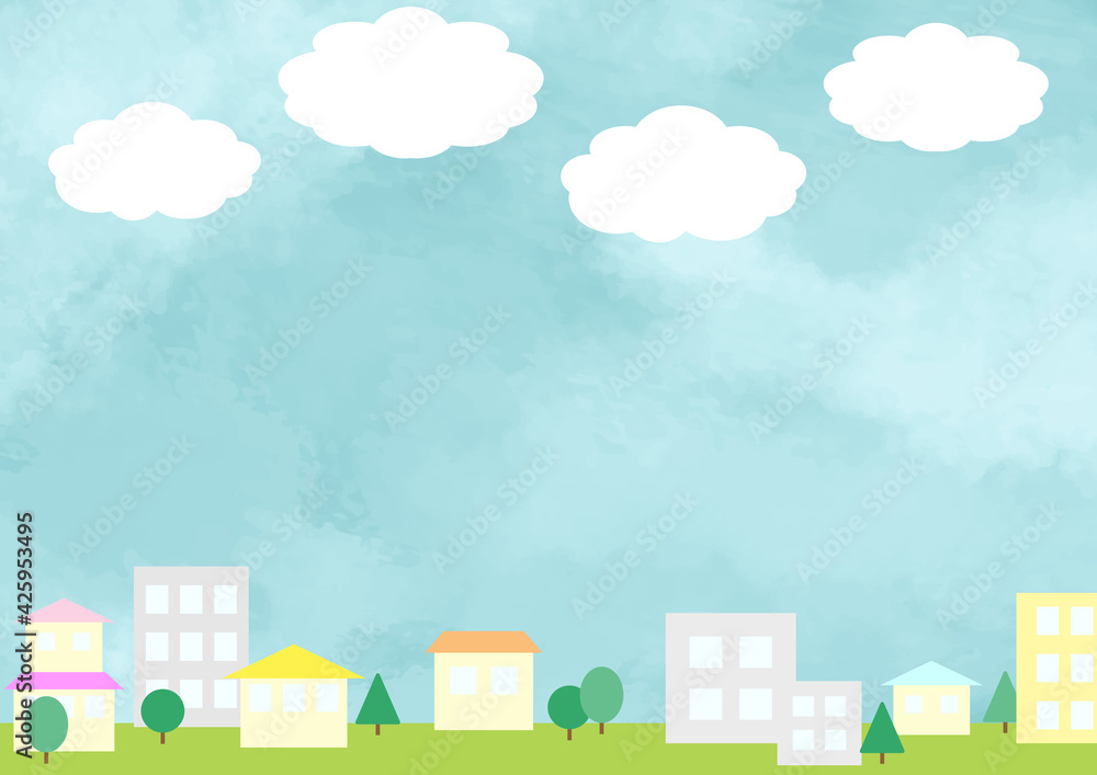 水彩 手書き 町 街 空 雲 青 背景 壁紙 フレーム カード Stock Vector Adobe Stock