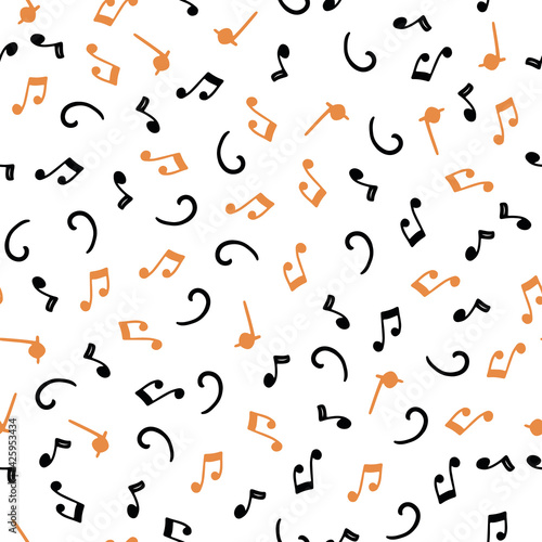 Hand drawn seamless pattern of musical notes. Flat sketch style. Isolated vector illustration for for musical instrument store, music festival background, textile, wallpaper, fabric.