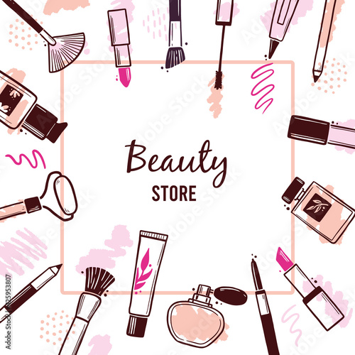 Hand drawn template with makeup beauty cosmetic elements, mascara, cream bottle, skin brush. Doodle sketch style. Illustration for makeup, beauty salon, cosmetic store banner, frame, poster design.