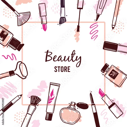 Obraz Hand drawn template with makeup beauty cosmetic elements, mascara, cream bottle, skin brush. Doodle sketch style. Illustration for makeup, beauty salon, cosmetic store banner, frame, poster design.