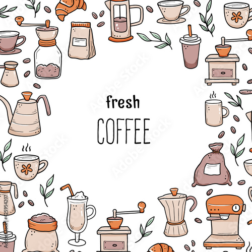 Vector illustration of hand drawn doodle style appliances and ingredients around Fresh Coffee text. Template for coffee shop, cafe, restaurant banner, background, frame.