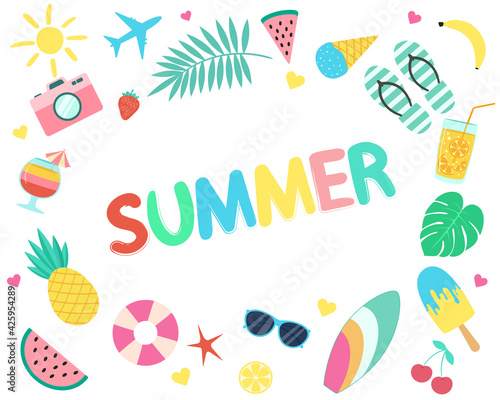 Vector summer set in flat style. A frame made of elements of a beach holiday with the inscription summer. Isolated on a white background. Travel and Holidays Stickers 