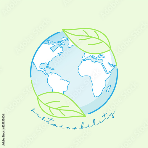 Recycle leaf as a border of doodle globe represent sustainability and eco-friendly. Earth day and environment icon. Vector illustration outline flat design style.