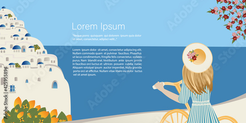 Travel concept. Girl tourist in the old town on the coast abstract place, village  in Santorini, Spain, Greece and Italy. Banner, template for a website with text. Travel Vector illustrations