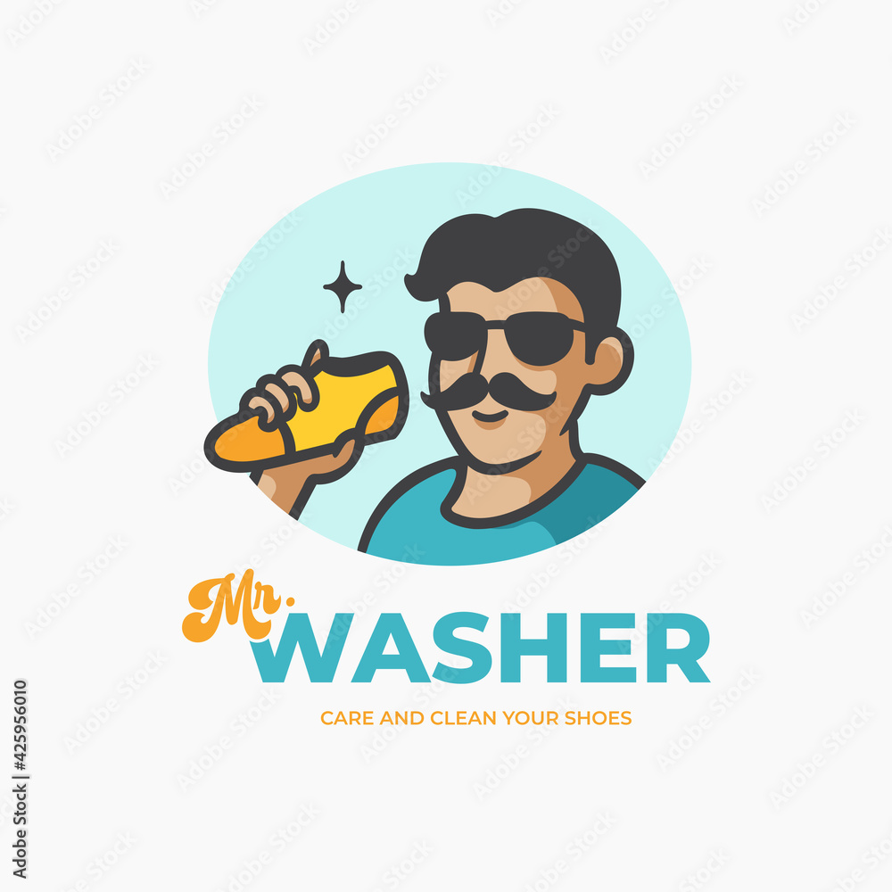 Shoes care and wash retro character mascot logo design template
