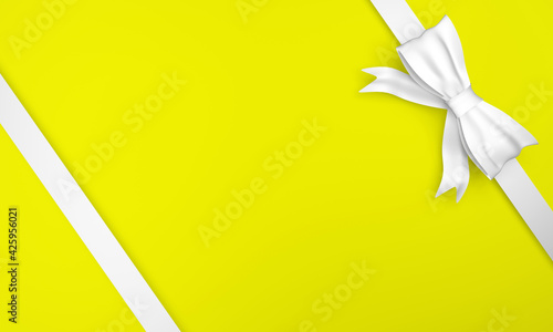 Blank yellow background with white diagonal ribbons and bow in the corner. 3d rendering