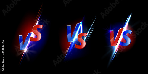 Versus screen design for game battles, sport competition and challenge. Vector template of headline with glowing blue and red VS symbols for mma or boxing match isolated on black background