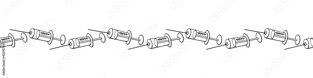 Edging, border, line of horizontal pattern of contour syringes. Vector decorative element on theme of injections, treatment, vaccination, health and medicine for medical design in doodle style Edging, border, line of horizontal pattern of contour syringes. Vector decorative element on theme of injections, treatment, vaccination, health and medicine for medical design in doodle style