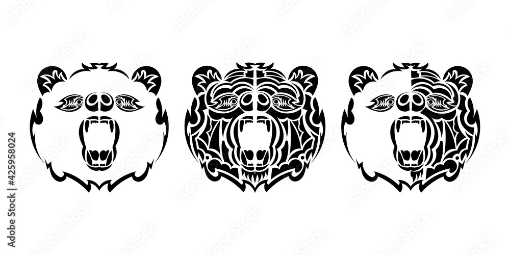 Obraz premium Bear face tattoo set. Suitable for sweaters, t-shirts or phone parts. Vector illustration.