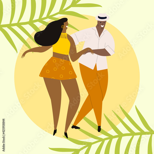 Hand drawn vector illustration of a couple dancing sexy fun salsa, mambo dance. Isolated on tropical background. Dance school, festival, party, carnaval, invitation concept.
