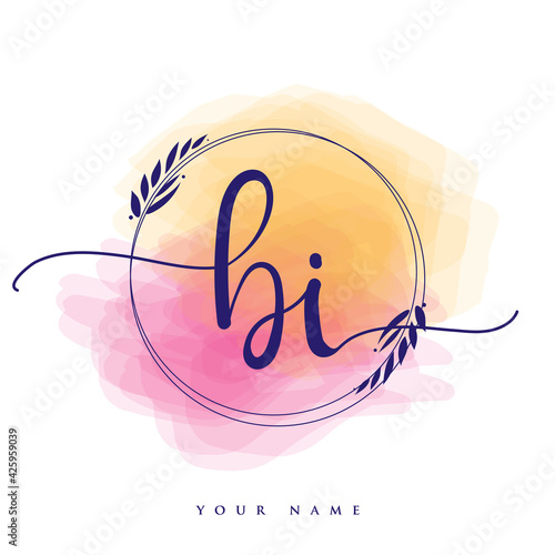 BI Initial handwriting logo. Hand lettering Initials logo branding, Feminine and luxury logo design isolated on colorful watercolor background.
