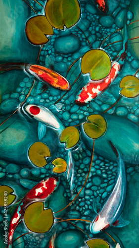desktop wallpaper  goldfish in the lake  oil painting