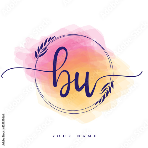 BU Initial handwriting logo. Hand lettering Initials logo branding, Feminine and luxury logo design isolated on colorful watercolor background.