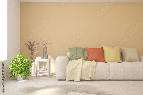 Soft color living room with sofa. Scandinavian interior design. 3D illustration