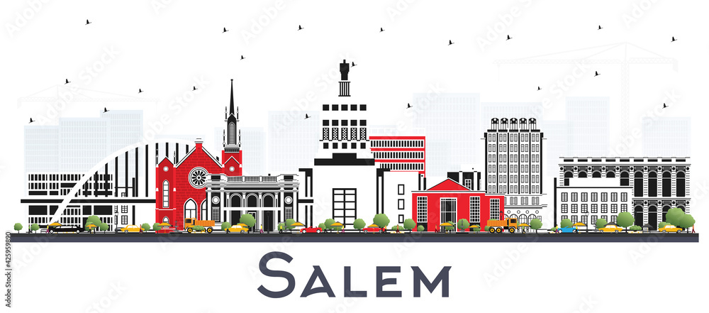 Salem Oregon City Skyline with Color Buildings Isolated on White.