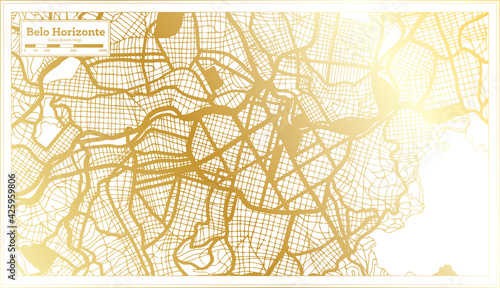 Belo Horizonte Brazil City Map in Retro Style in Golden Color. Outline Map.