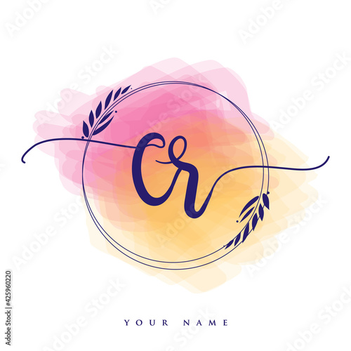 CR Initial handwriting logo. Hand lettering Initials logo branding, Feminine and luxury logo design isolated on colorful watercolor background.