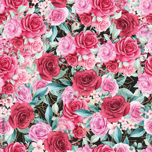 Floral Background Seamless Pattern in Black Pink 