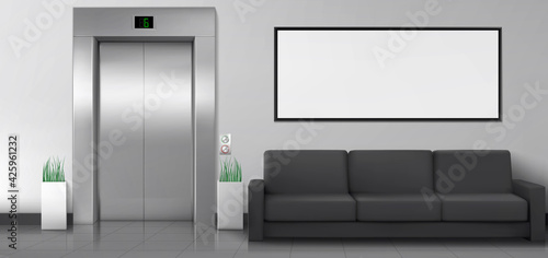 Office or hotel lobby with elevator, sofa and white poster on wall. Empty hallway interior with closed metal lift doors, black couch and blank white billboard. Vector realistic illustration