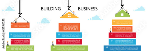 Set building infographic. tower crane and building color block.