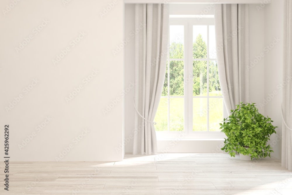 Fototapeta premium White empty room with summer landscape in window. Scandinavian interior design. 3D illustration
