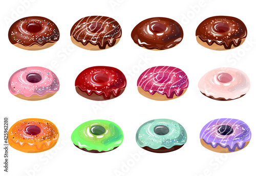 Traditional sweet pastry with glaze. Collection with different donates in chocolate and icing isolated on white background. Illustration for restaurant and cafe menu and food projects.
