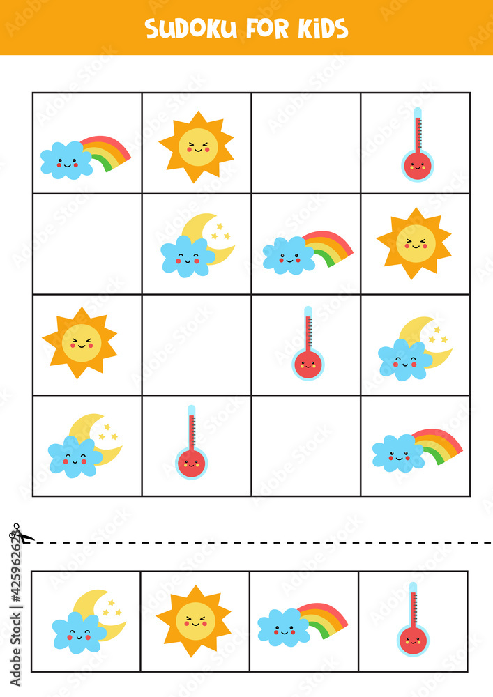 Sudoku game for kids with cute weather events.