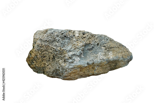 Raw porous stone isolated on white background. Basalt is a dark-colored, fine-grained, igneous rock composed mainly of plagioclase and pyroxene minerals. photo