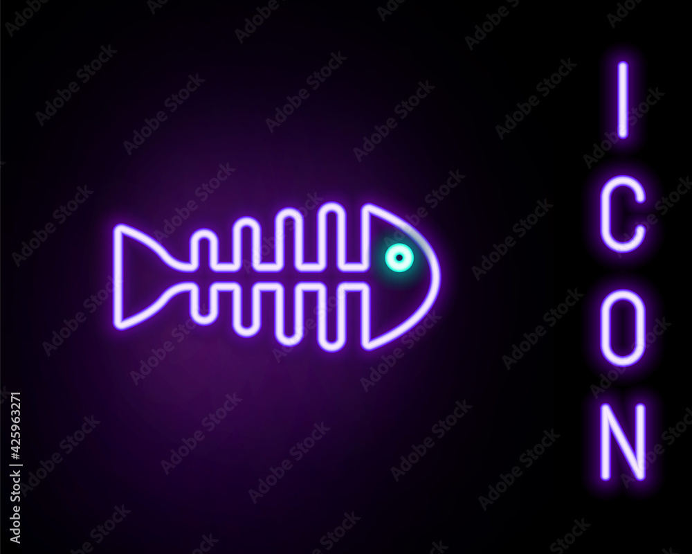 Glowing neon line Fish skeleton icon isolated on black background. Fish bone sign. Colorful outline concept. Vector Glowing neon line Fish skeleton icon isolated on black background. Fish bone sign. Colorful outline concept. Vector