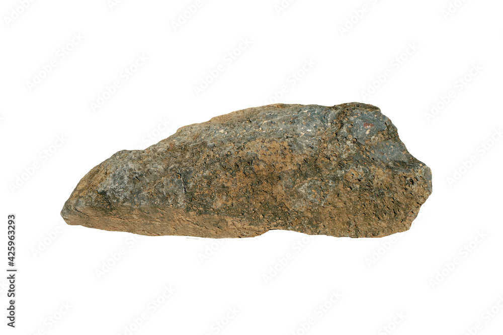 Raw porous stone isolated on white background. Basalt is a dark-colored, fine-grained, igneous rock composed mainly of plagioclase and pyroxene minerals. Raw porous stone isolated on white background. Basalt is a dark-colored, fine-grained, igneous rock composed mainly of plagioclase and pyroxene minerals.