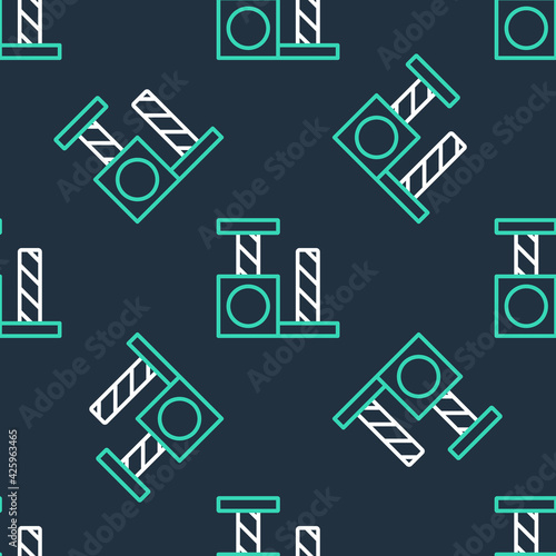 Line Cat scratching post with toy icon isolated seamless pattern on black background. Vector