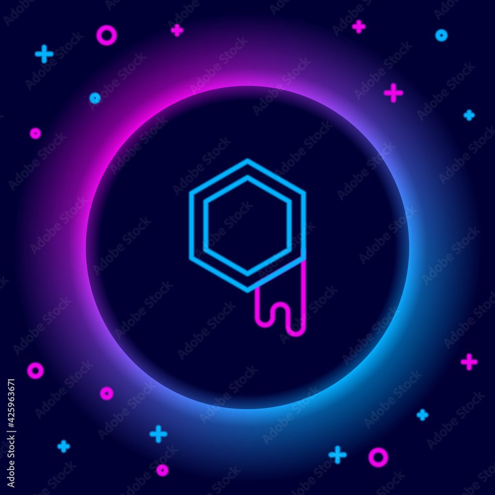 Glowing neon line Honeycomb icon isolated on black background. Honey cells symbol. Sweet natural food. Colorful outline concept. Vector Glowing neon line Honeycomb icon isolated on black background. Honey cells symbol. Sweet natural food. Colorful outline concept. Vector