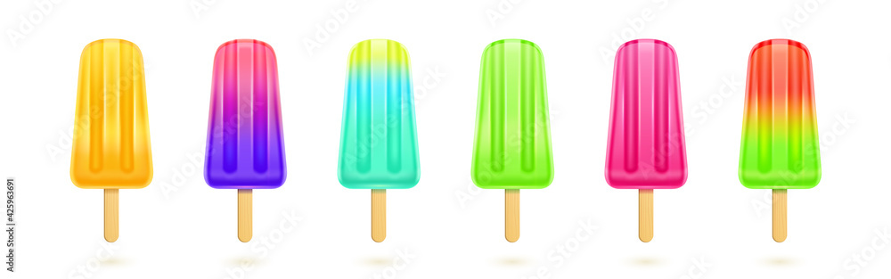 Fruit popsicle, colorful ice creams on wooden stick. Vector realistic set of frozen juice isolated on white background. Summer cold dessert from strawberry, kiwi, watermelon and lemon Fruit popsicle, colorful ice creams on wooden stick. Vector realistic set of frozen juice isolated on white background. Summer cold dessert from strawberry, kiwi, watermelon and lemon
