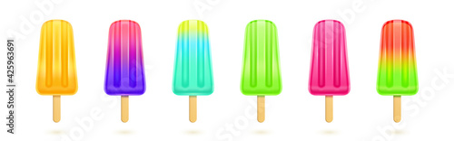 Fruit popsicle, colorful ice creams on wooden stick. Vector realistic set of frozen juice isolated on white background. Summer cold dessert from strawberry, kiwi, watermelon and lemon