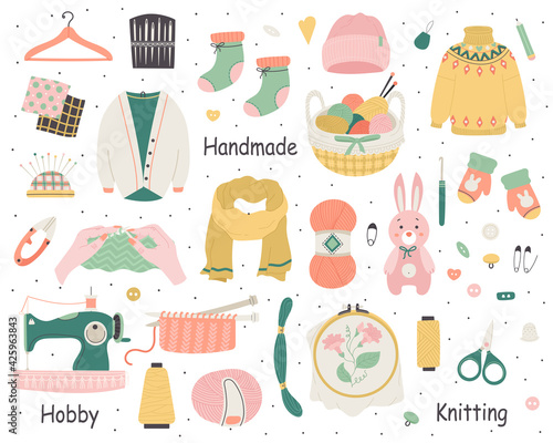 Set of Knitted Warm Winter Clothing and Knitting and Embroidery Tools. Flat Hand Drawn Elements for Handmade, Hobby,Needlework.Accessories and Yarn.Isolated on white background.Vector Illustration.