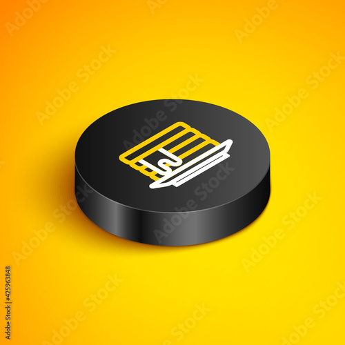 Isometric line Stack of pancakes with honey icon isolated on yellow background. Breakfast concept. Black circle button. Vector