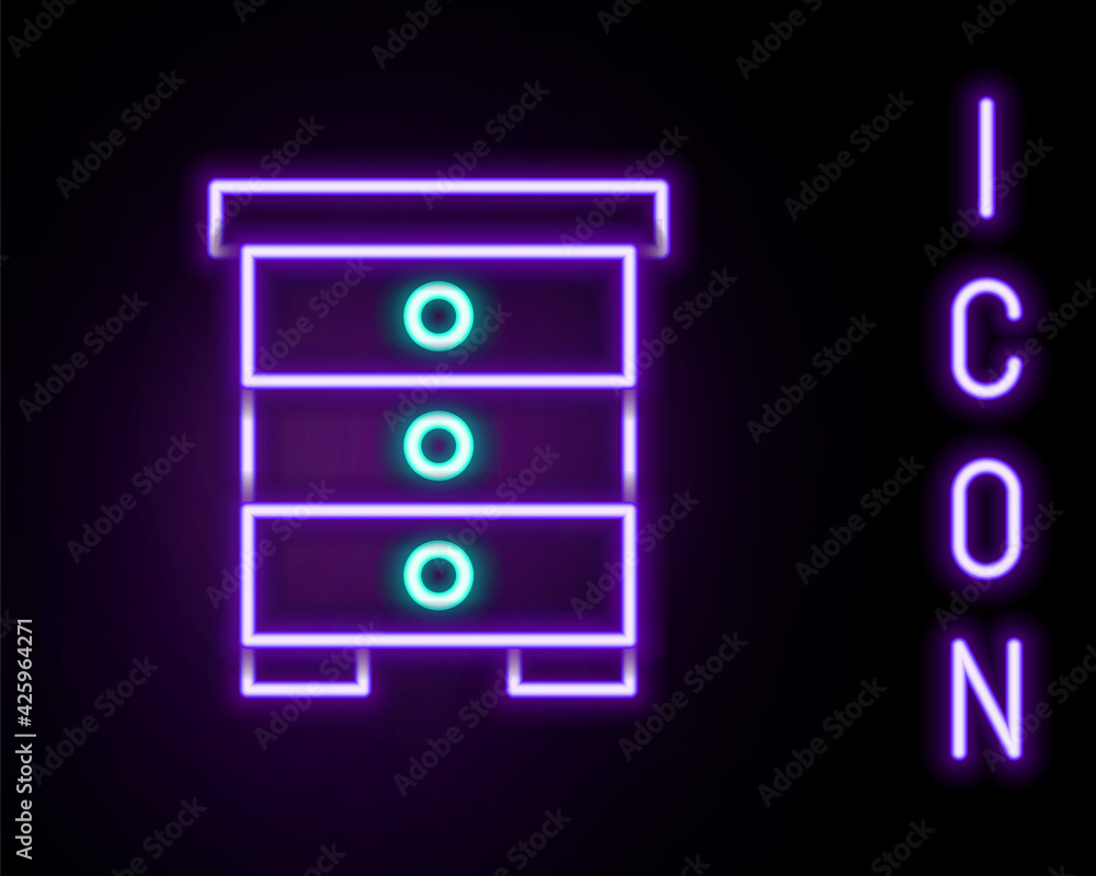 Glowing neon line Hive for bees icon isolated on black background. Beehive symbol. Apiary and beekeeping. Sweet natural food. Colorful outline concept. Vector Glowing neon line Hive for bees icon isolated on black background. Beehive symbol. Apiary and beekeeping. Sweet natural food. Colorful outline concept. Vector