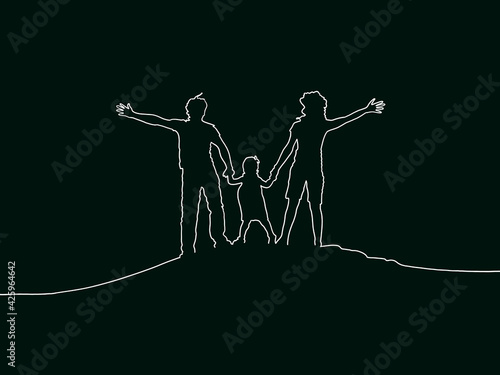 Silhouette family. White line on dark background. Happy family day. Mom, dad and his child