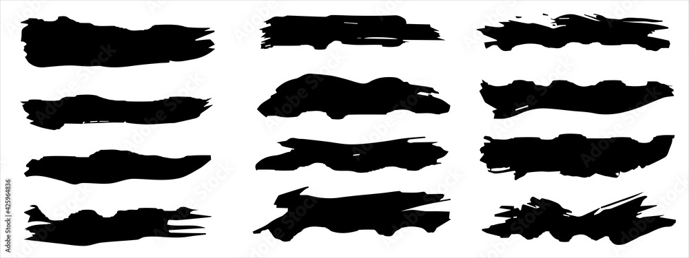 Vector collection of artistic grungy black paint hand made creative brush stroke set isolated on banner background. A group of abstract grunge sketches for design education or graphic art decoration - obrazy, fototapety, plakaty 
