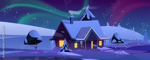 House with christmas decoration at night. Winter landscape with snow, cottage and aurora borealis in sky. Vector cartoon illustration with northern lights, snowy hills and house