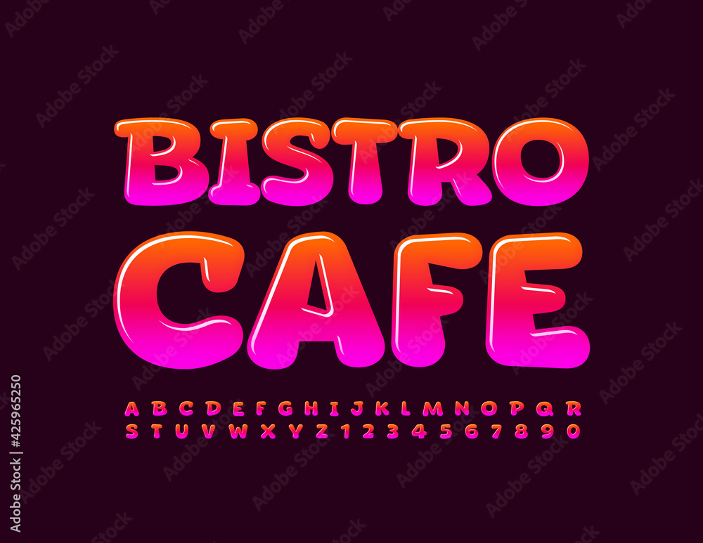 Vector bright sign Bistro Cafe. Shiny creative Font. Gradient color Alphabet Letters and Numbers set Vector bright sign Bistro Cafe. Shiny creative Font. Gradient color Alphabet Letters and Numbers set