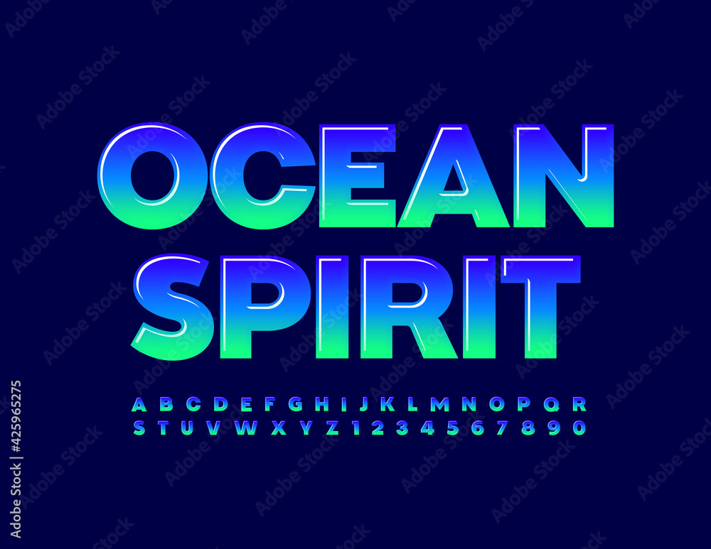 Vector bright Sign Ocean Spirit. Modern Glossy Font. Artistic Alphabet Letters and Numbers set