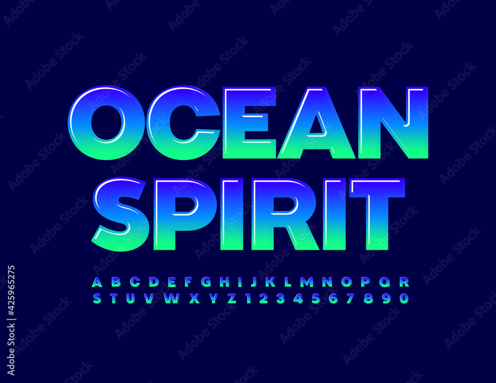 Vector bright Sign Ocean Spirit. Modern Glossy Font. Artistic Alphabet Letters and Numbers set Vector bright Sign Ocean Spirit. Modern Glossy Font. Artistic Alphabet Letters and Numbers set