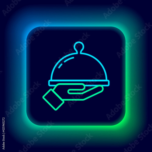 Glowing neon line Covered with a tray of food icon isolated on black background. Tray and lid sign. Restaurant cloche with lid. Colorful outline concept. Vector