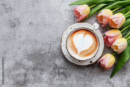 Spring tulips and cup of coffee