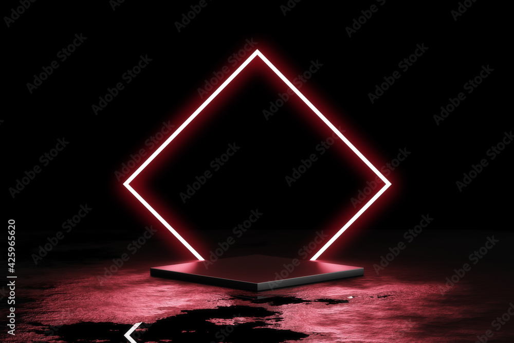 Red neon light product background stage or podium pedestal on grunge street floor with glow spotlight and blank display platform. 3D rendering. - obrazy, fototapety, plakaty 